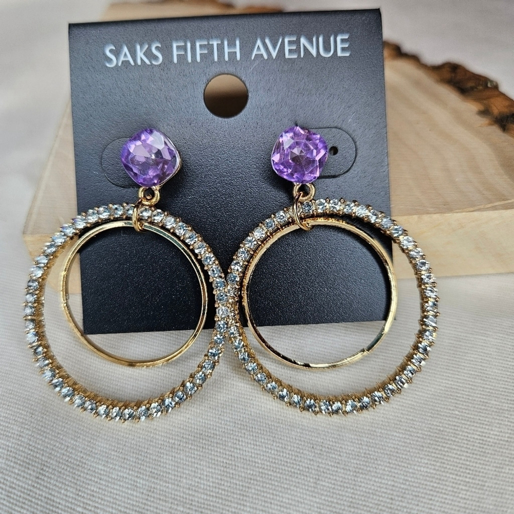Saks Fifth Avenue NWT Purple Stud And Rhinestone Hoop Earrings